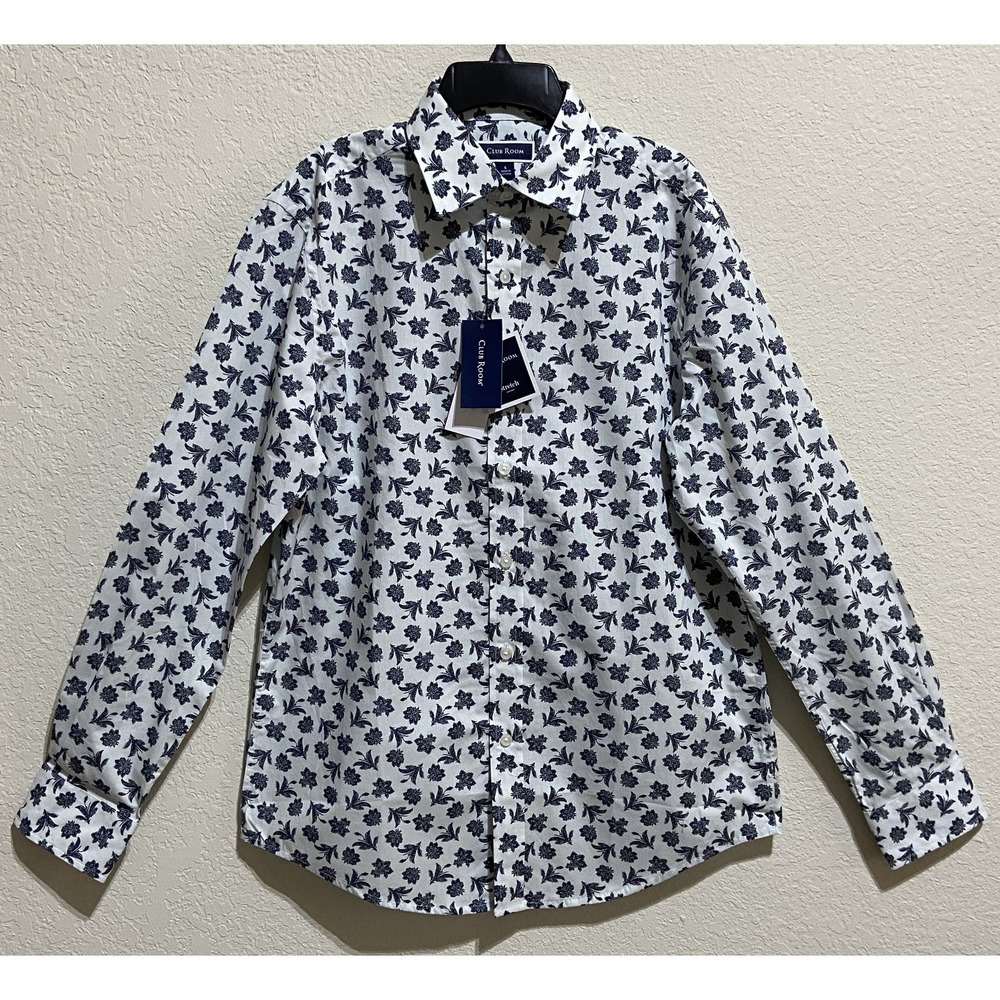 Club Room Men's Size Small Long Sleeve Button Up Shirt Blue Floral Pattern NEW - Picture 2 of 13